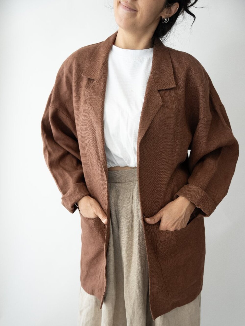 Karen Kane Made in USA Brown Linen Blazer Jacket Size S  Oversized Relaxed Fit